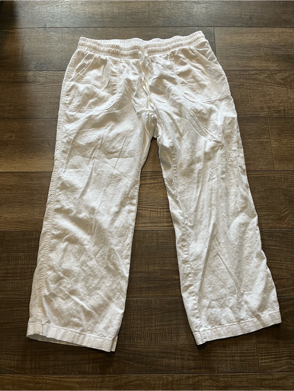 Cato White Women’s  Drawstring Linen-Blend Wide Leg Pants Elastic Waist Pockets